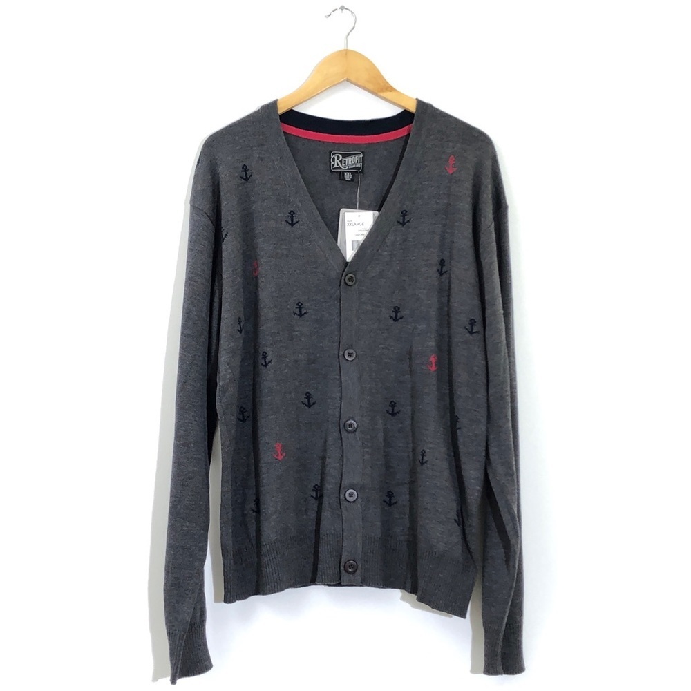 Retrofit Men’s Charcoal Gray Nautical Anchor Button Down Cardigan Sweater XXL